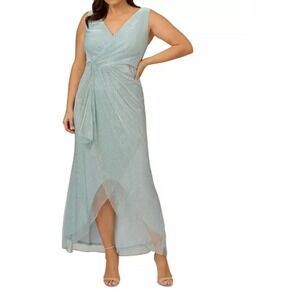 Adrianna Papell Womens 20W Light Blue Metallic Cascade Ruffle Trim Gown Dress